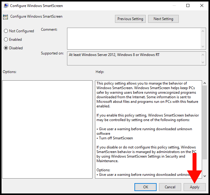Applying the changes on the Configure Windows SmartScreen page.
