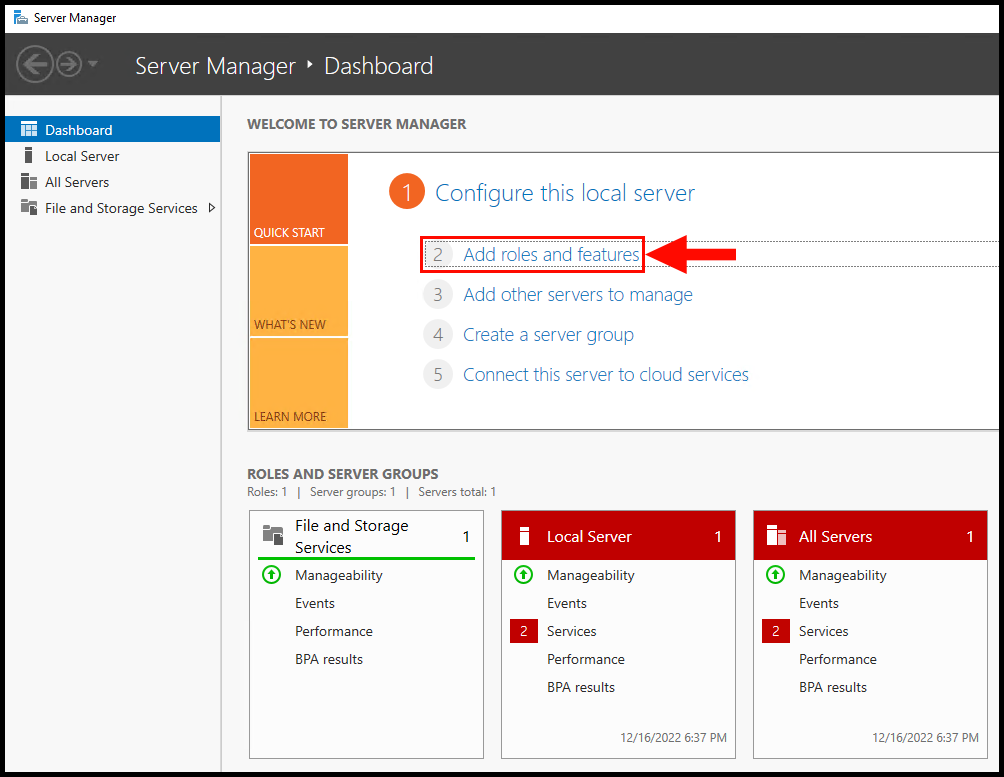 Navigating to Add Roles and Features in the Server Manager window.