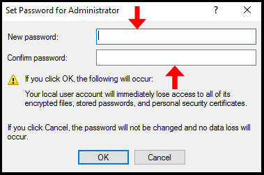 Finalizing the new password via Computer management.