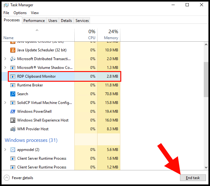 Selecting RDP Clipboard Monitor or rdclip.exe in task manager. 