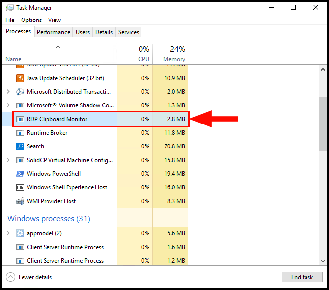 Selecting RDP Clipboard Monitor or rdclip.exe in task manager.