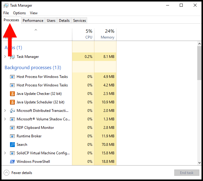 Navigating to Processes tab in Windows Task Manager.