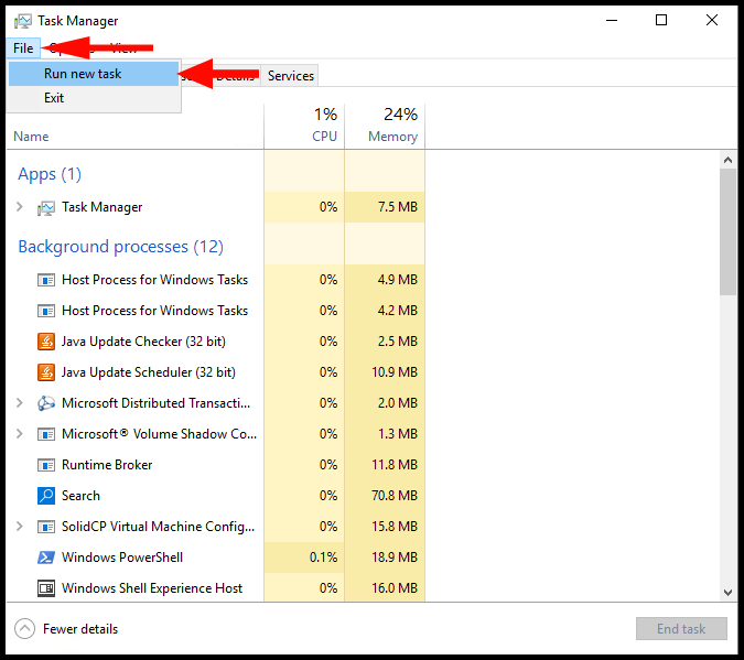 Where to run new task in Windows Task Manager.
