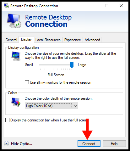Connecting to Windows Remote Desktop, after changing Display settings
