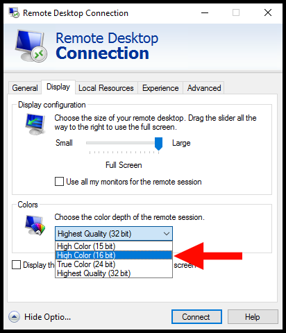 Demonstrating how to change the color quality of Remote Desktop connection.