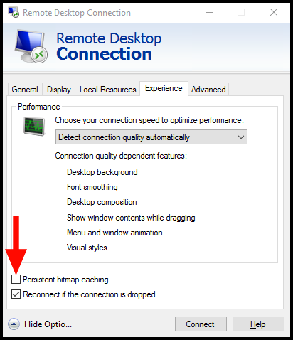 Windows Remote Desktop Connection, disable Persistent bitmap caching.