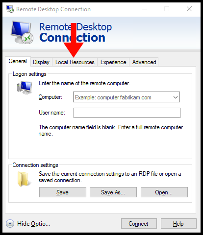 Navigating to the Local Resources tab on Windows Remote Desktop Connection.