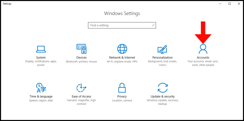 Select Accounts from Windows Settings