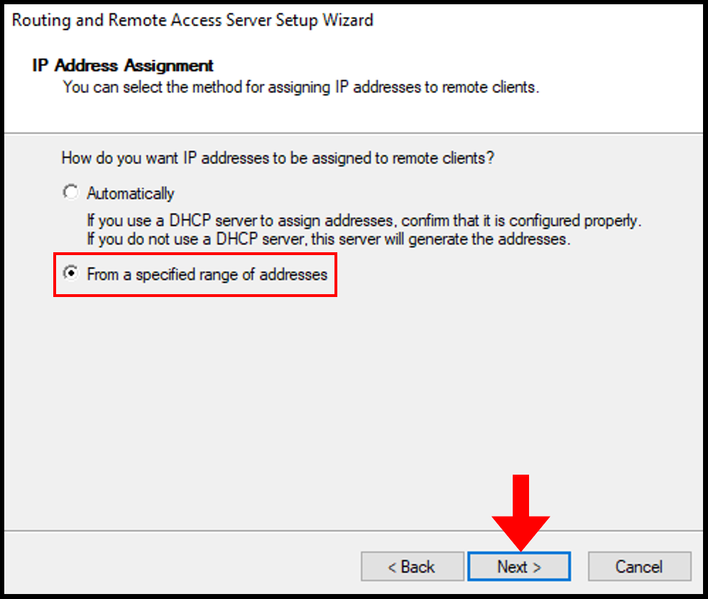 Setting up a range of IP addresses in Routing and Remote Access Server Setup Wizard in how to set up PPTP/L2TP on windows server.