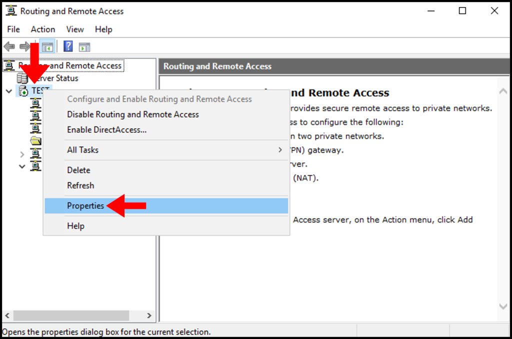 In the Routing and Remote Access window, navigating to the VPN Server's properties for how to set up PPTP/L2TP on windows server.