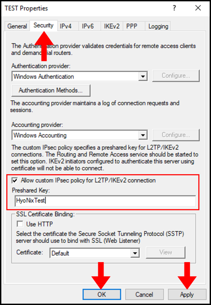 Configuring the Preshared Key under security for the VPN server in how to set up PPTP/L2TP on windows server.