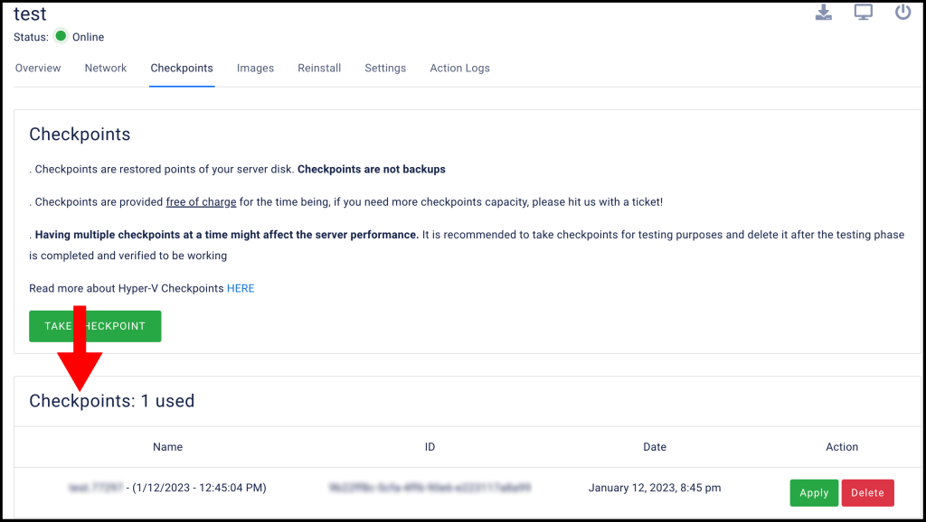 In the checkpoints tab of Hyonix server settings. How to create and restore checkpoints or snapshots.