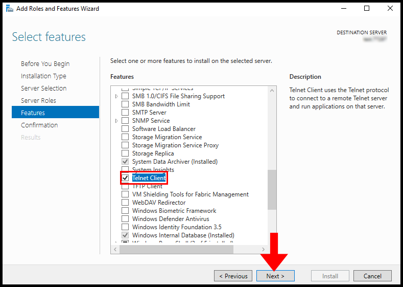 Selecting Telnet Client so we can install Telnet Client on Windows Server.