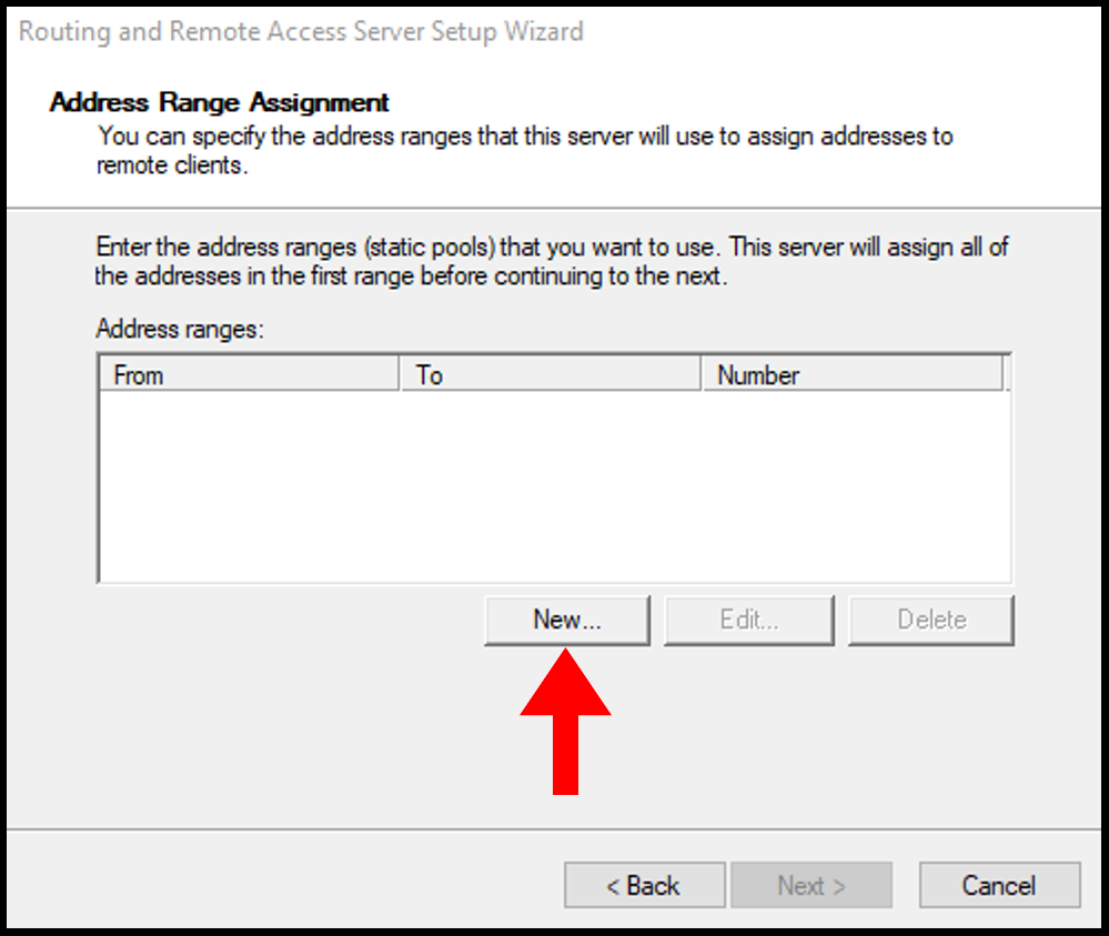 Defining Private IP address that we can give to client device for VPN access in set up PPTP/L2TP on Windows server