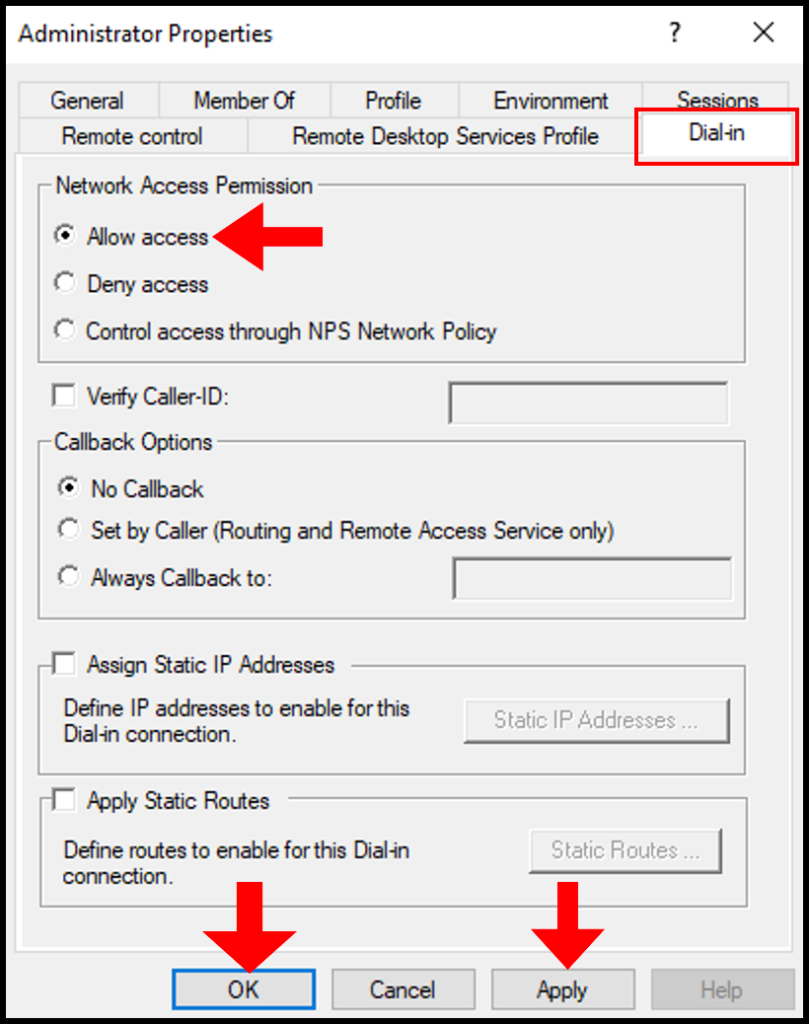 Allowing specific user Network Access Permission in how to set up PPTP/L2TP on Windows Server.