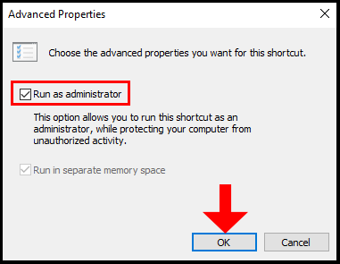 Advanced properties checking the option to run as administrator to set program to always run as administrator.