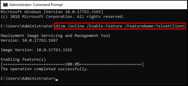 Using Command Prompt to install Telnet Client on Windows Server