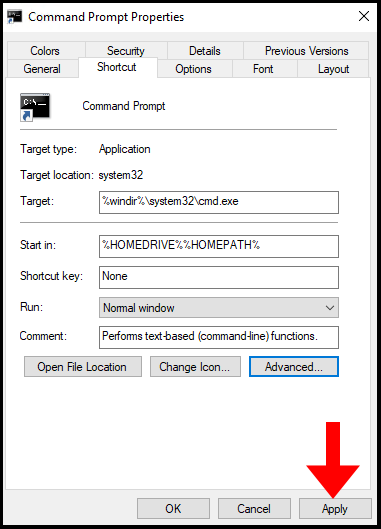 Applying the changes we made in Command Prompt Properties.