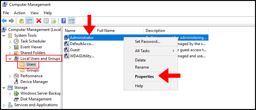 In computer management, navigating to the Administrator user properties.