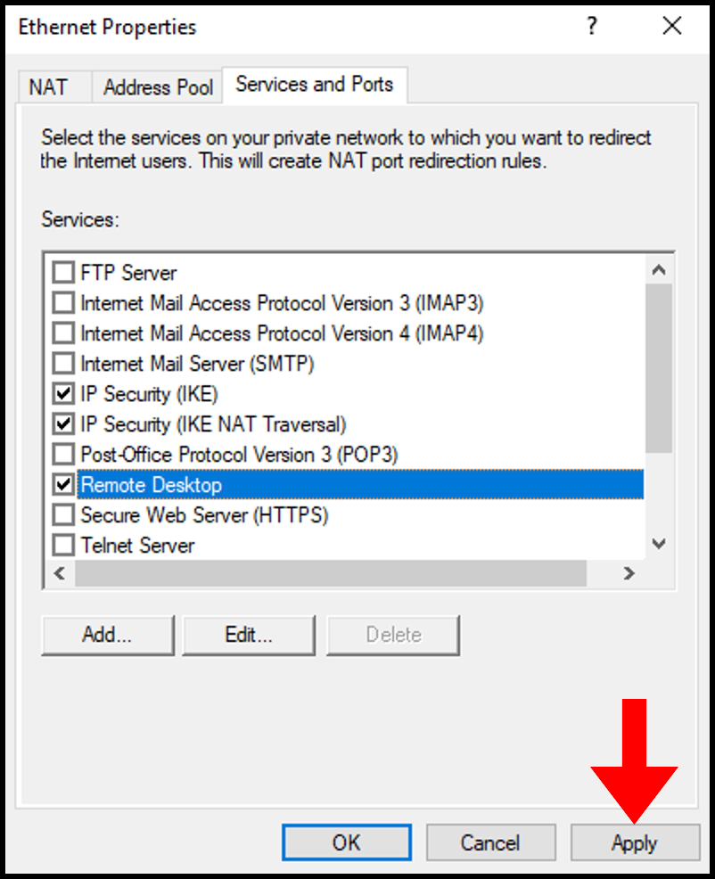 Allowing Remote Desktop via our public network port in how to set up PPTP/L2TP on Windows Server