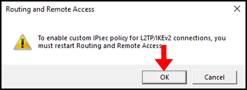 Confirmation to restart routing and remote access for how to set up PPTP/L2TP on Windows Server.