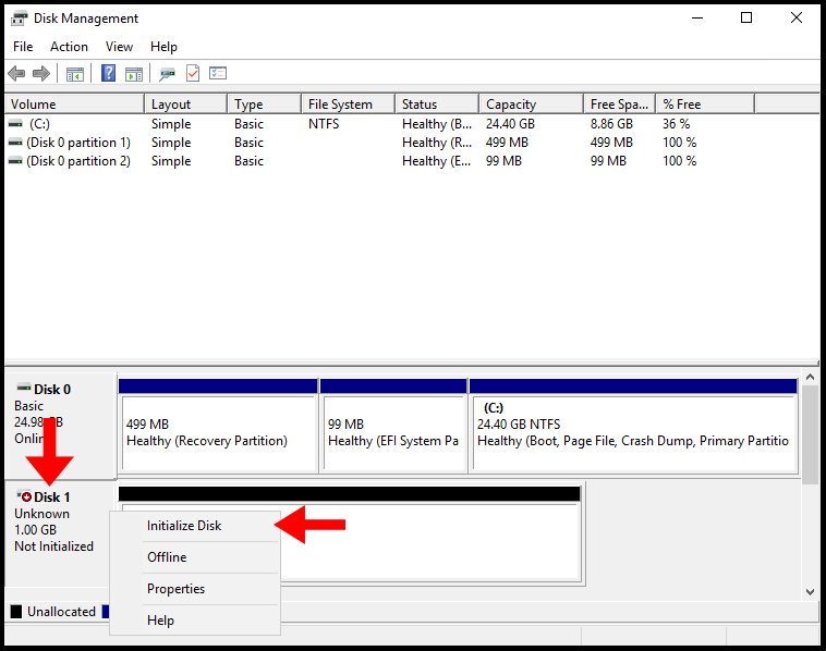 Initializing the Disk to create a RAM disk on windows server.