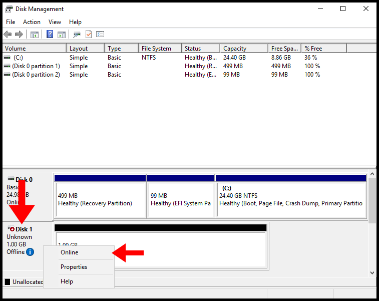 Turning on the RAM disk in Disk management to create a RAM disk on windows server.