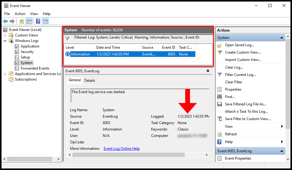 Windows event viewer displaying information when windows server had restarted.