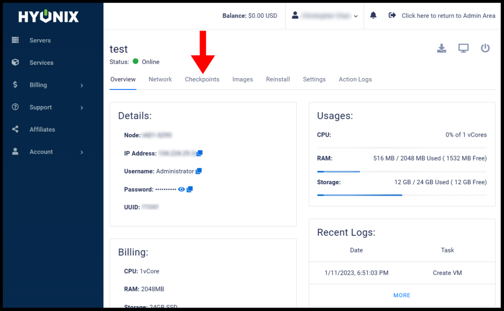 Navigating to checkpoint tab within the Hyonix server settings. Showing how to create and restore checkpoints or snapshots.