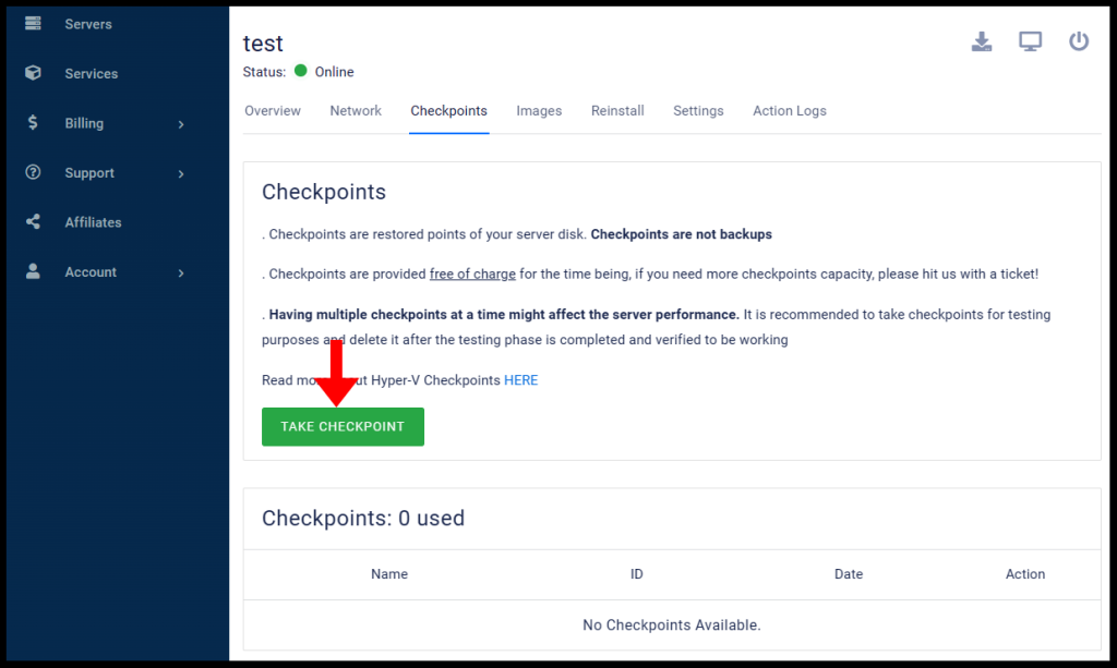 Demonstrating where to click to create a checkpoint or snapshot, in article How to create and restore checkpoint or snapshot.