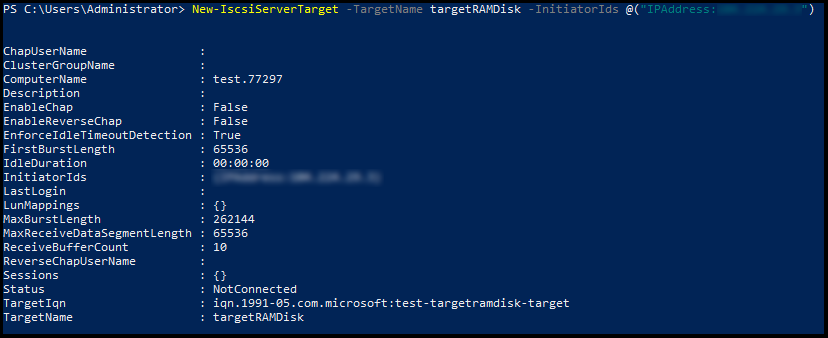 Setting up iSCSI target in PowerShell which is necessary to create RAM Disk on Windows Server.
