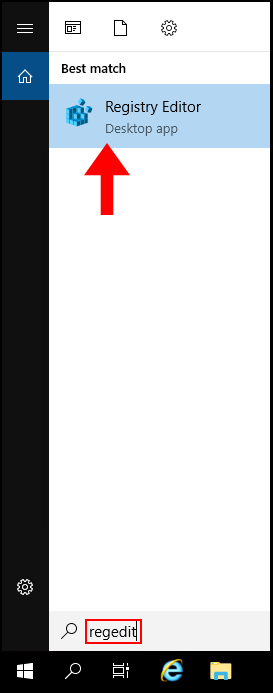 Opening regedit on a Windows server through the Windows search function.