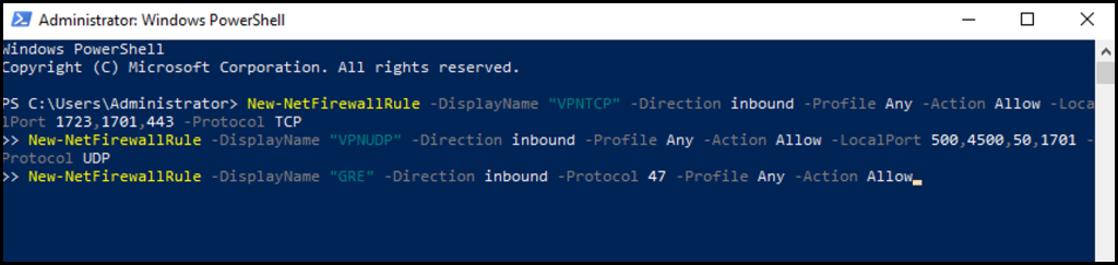 PowerShell command to allow VPN ports through the Windows Firewall in how to set up PPTP/L2TP on Windows Server.