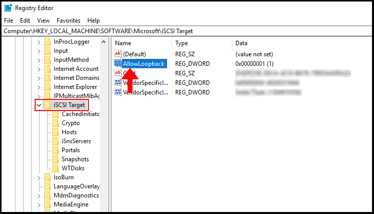 Navigating to the iSCSI Target folder in Windows Regedit which is necessary to create RAM Disk on Windows Server.