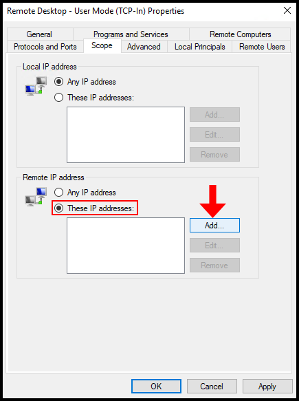 Adding Remote IP Addresses to limit connections to specified IP addresses.