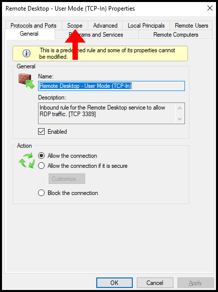 Navigating to the scope of Remote Desktop TCP-In to limit connections to specified IP addresses.