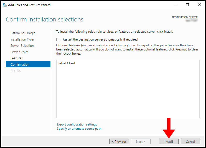 Initiating installation of Telnet Client on the windows server.