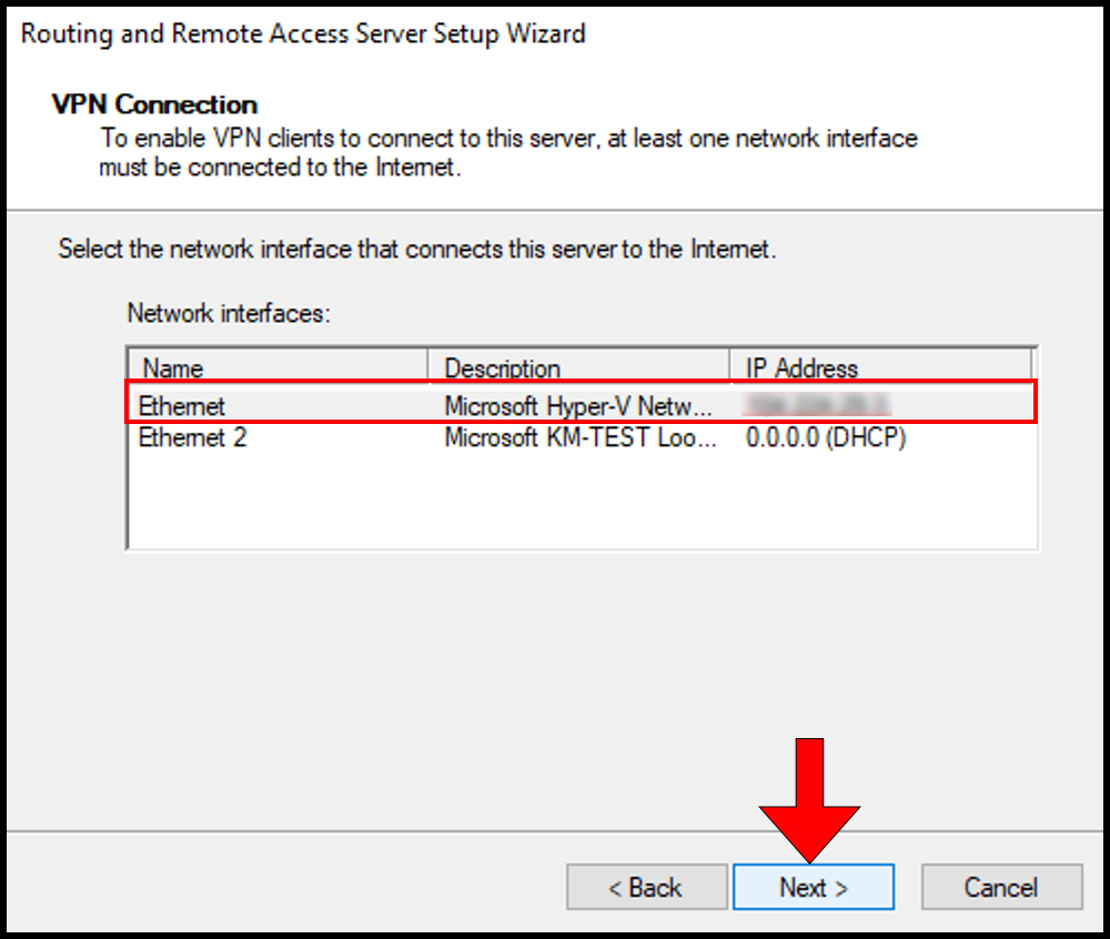 Selecting the Network Interface where the server's public IP is configured in how to set up PPTP/L2TP on windows server.