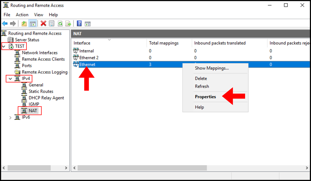 Navigating to the Public Network Adapter properties via Routing and Remote Access window for how to set up PPTP/L2TP on Windows server.