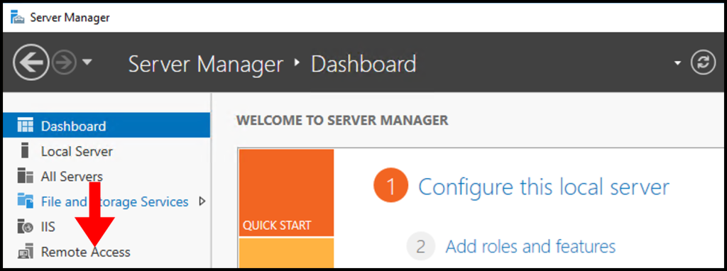 In Server Manager, navigating to the Remote Access tab for how to set up PPTP/L2TP on windows server.