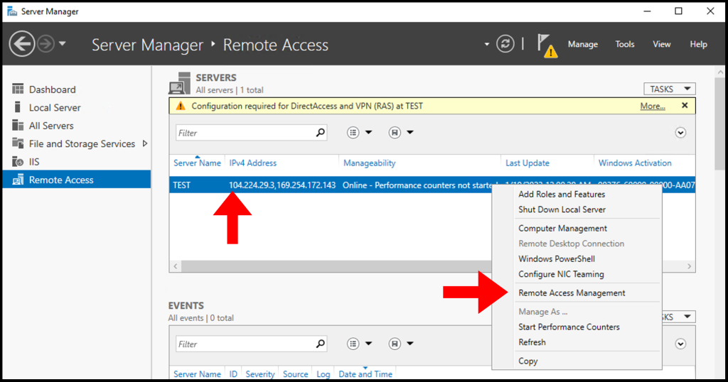Navigating to the Remote Access Management window for how to set up PPTP/L2TP on Windows Server.