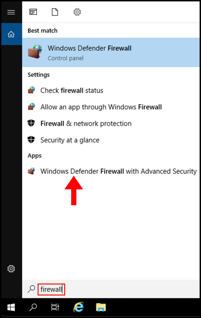 Navigating to the Windows Defender Firewall with Advanced Security. 
