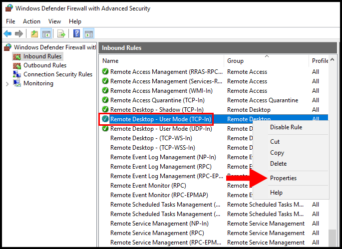 Navigating to TCP-in in the inbound rules to limit connections to specified IP addresses.