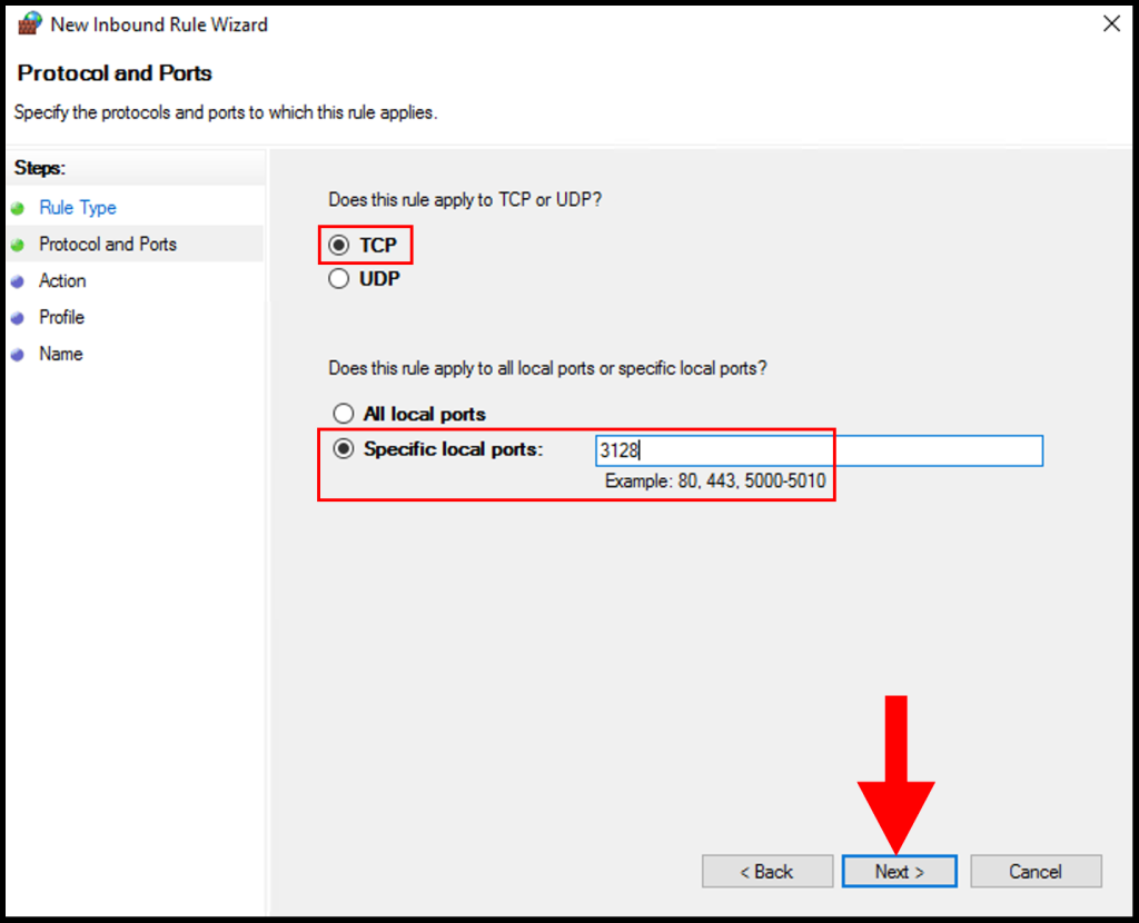 Specifying the Squid Proxy port on the firewall inbound rule. 