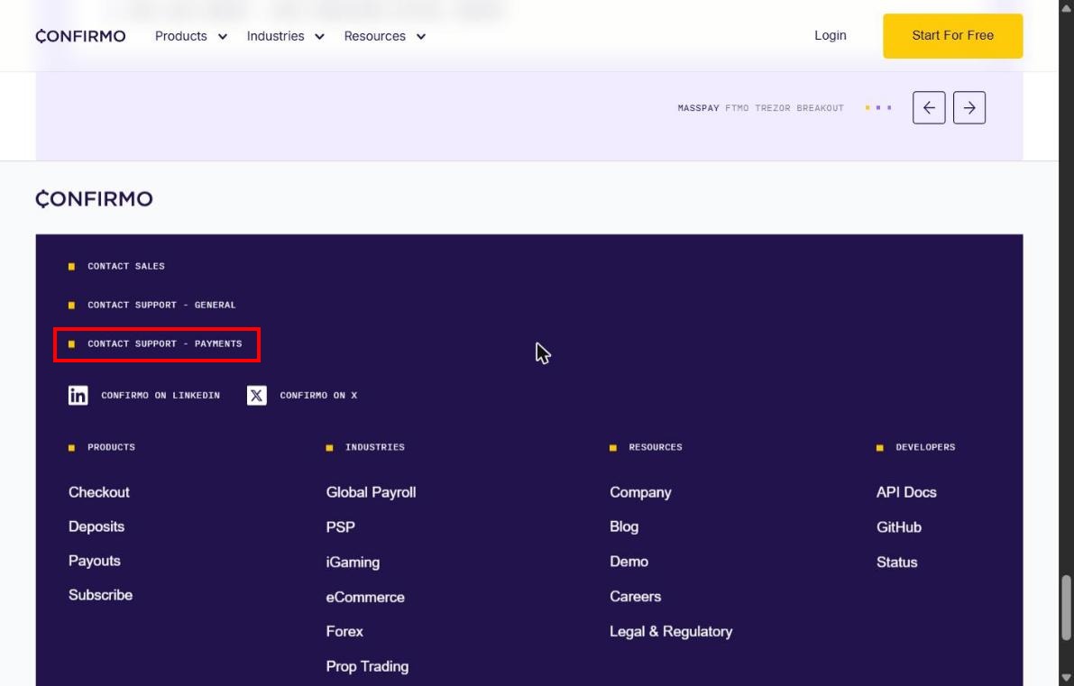 The Contact support – payments link in the Confirmo footer