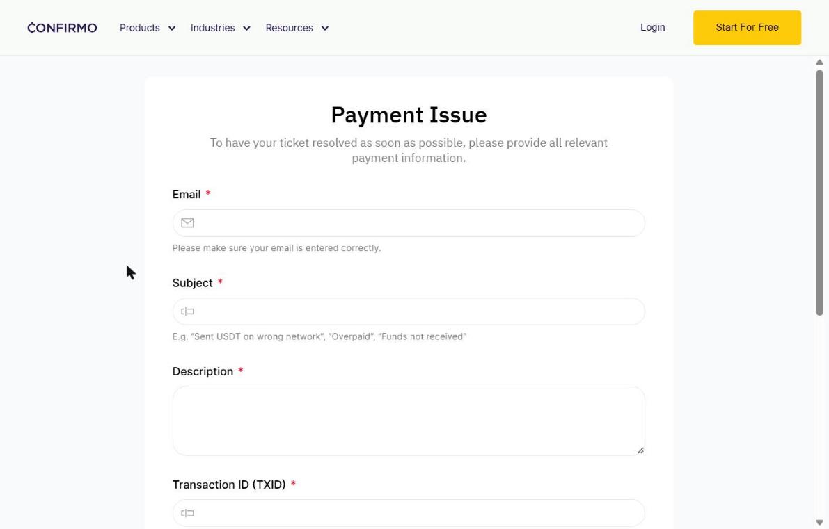 The Confirmo Payment Issue form