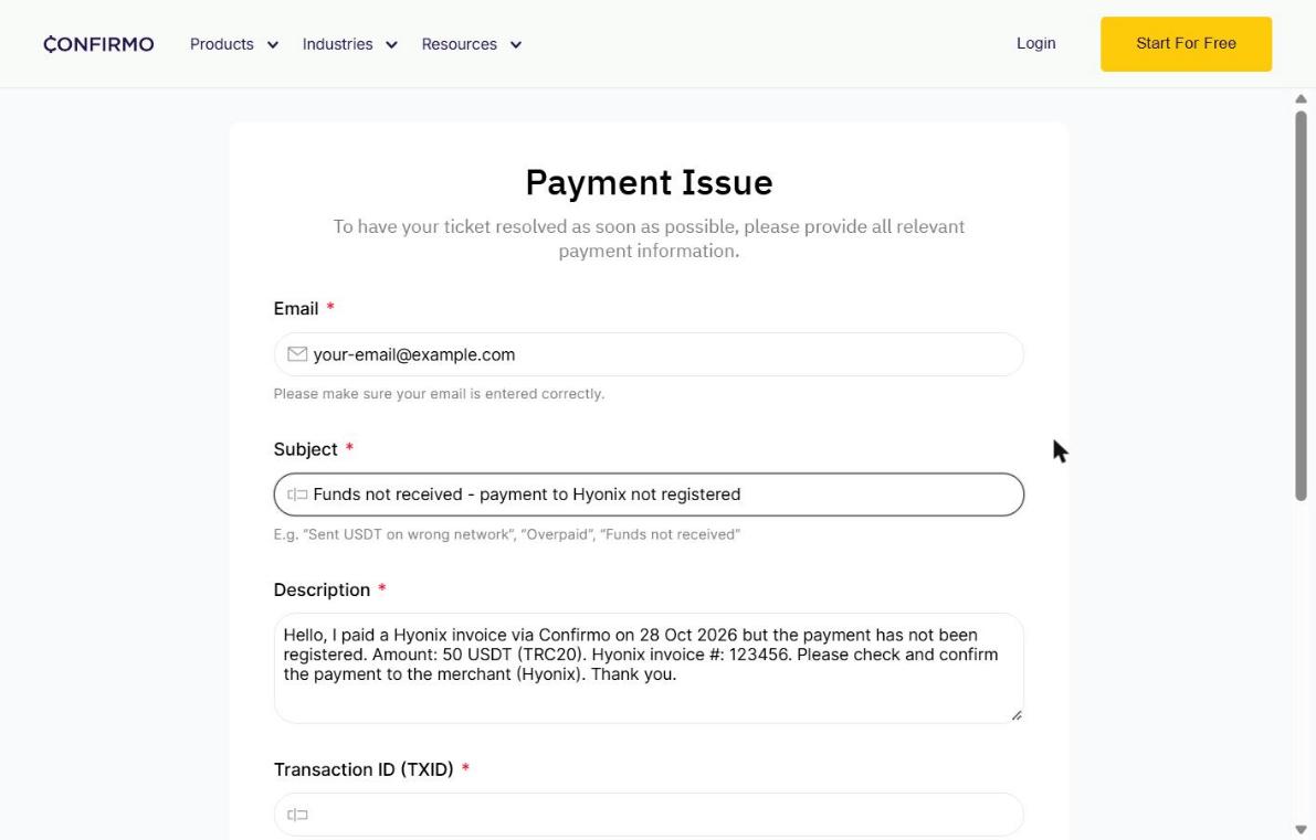 Example of a completed form – Email, Subject and Description