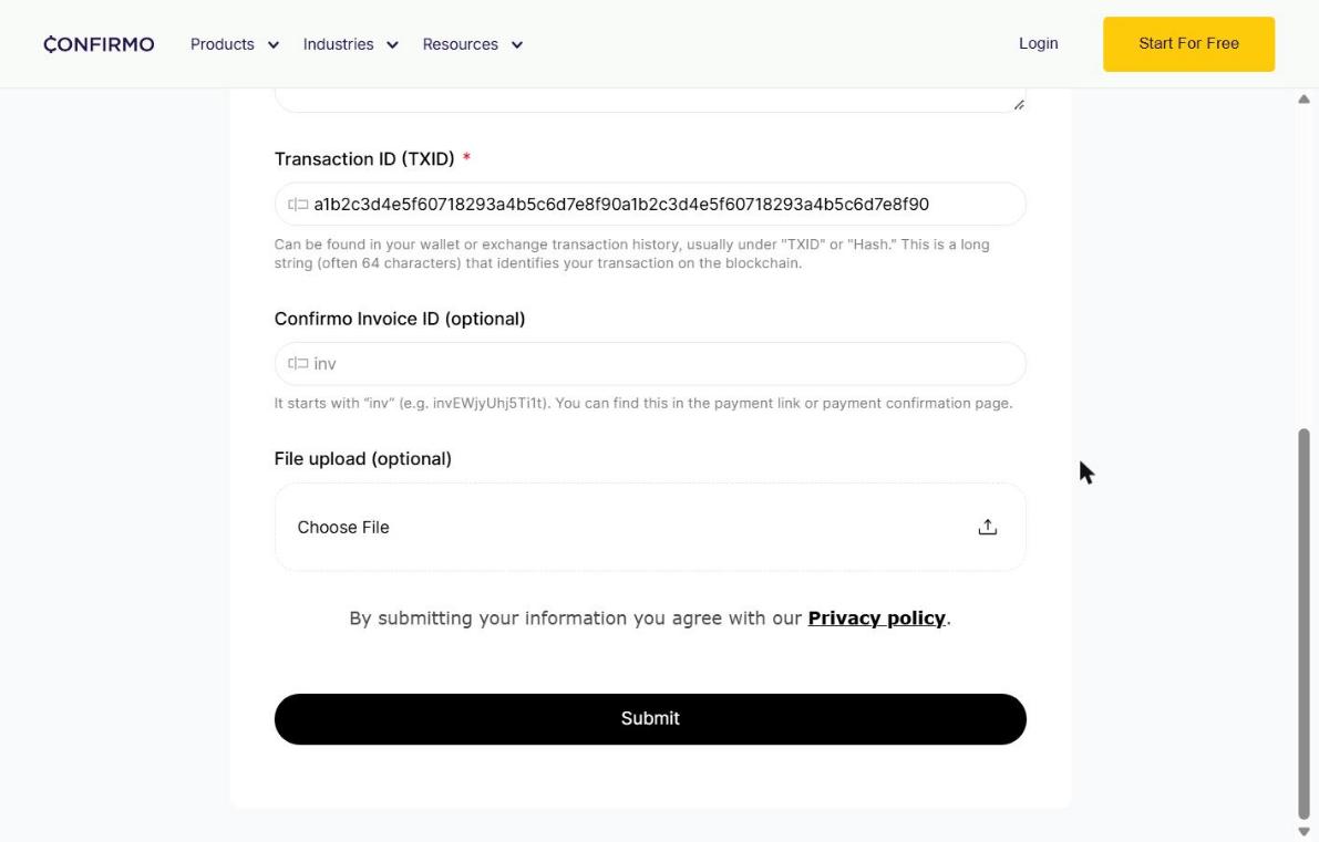 Example of a completed form – Transaction ID, file upload and the Submit button
